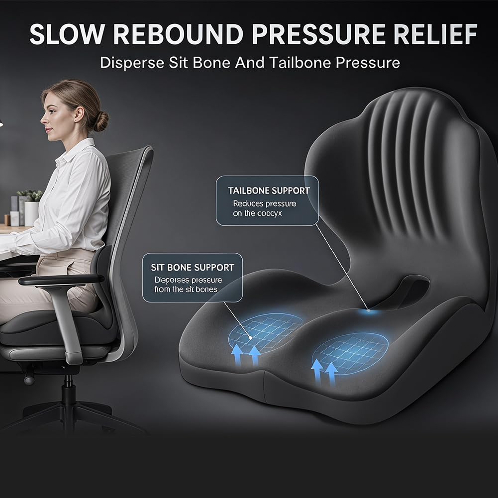 Gohytal Cojín de asiento para silla de oficina con respaldo, cojín ortopédico, asiento en forma de L y cojín lumbar de espuma viscoelástica, soporte lumbar para silla de oficina, asiento de coche