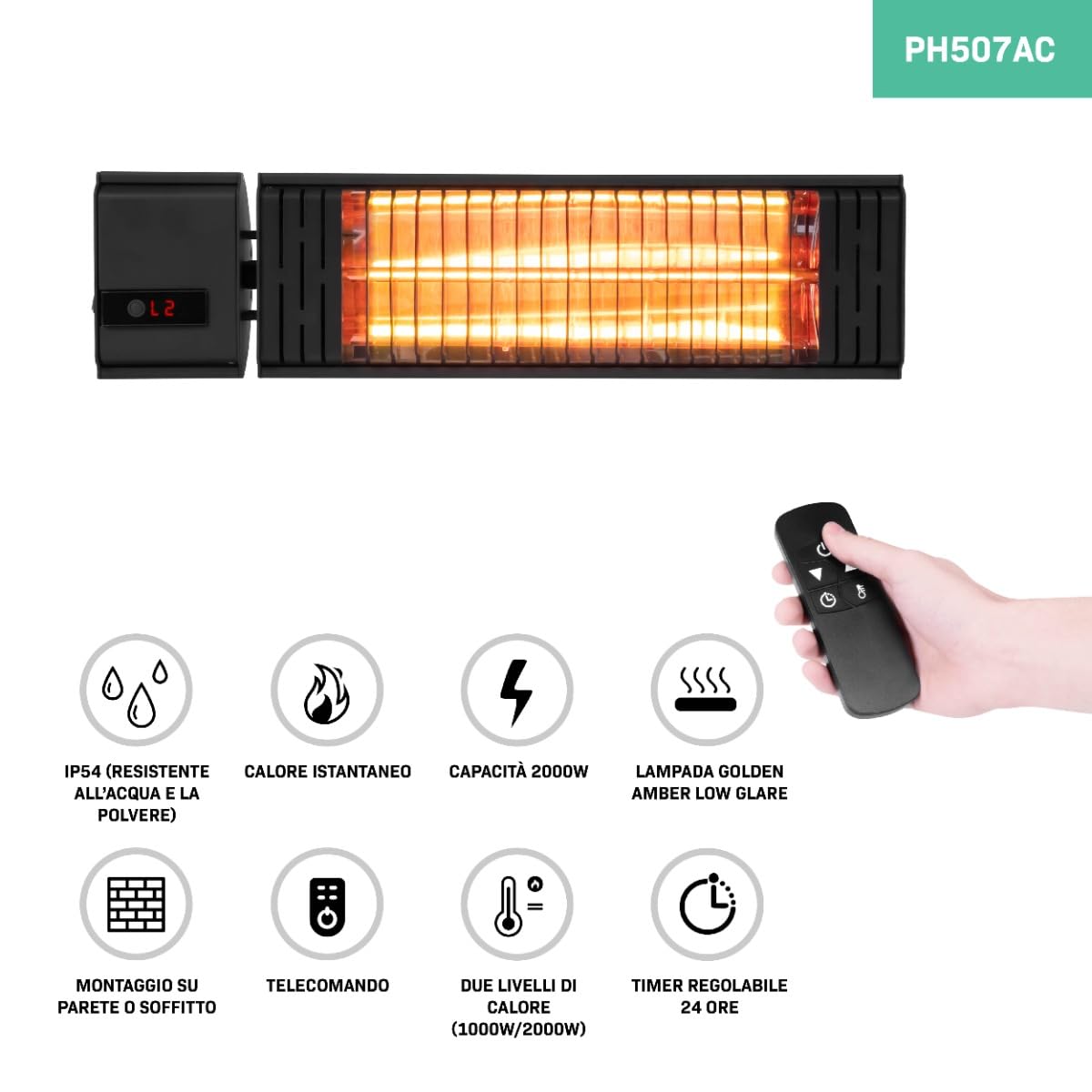 VONROC Riscaldatore a infrarossi professionale da esterno 2000W. 2 livelli di calore. IP54. Con telecomando, timer e schermo LCD. Modello Volsini. Nero