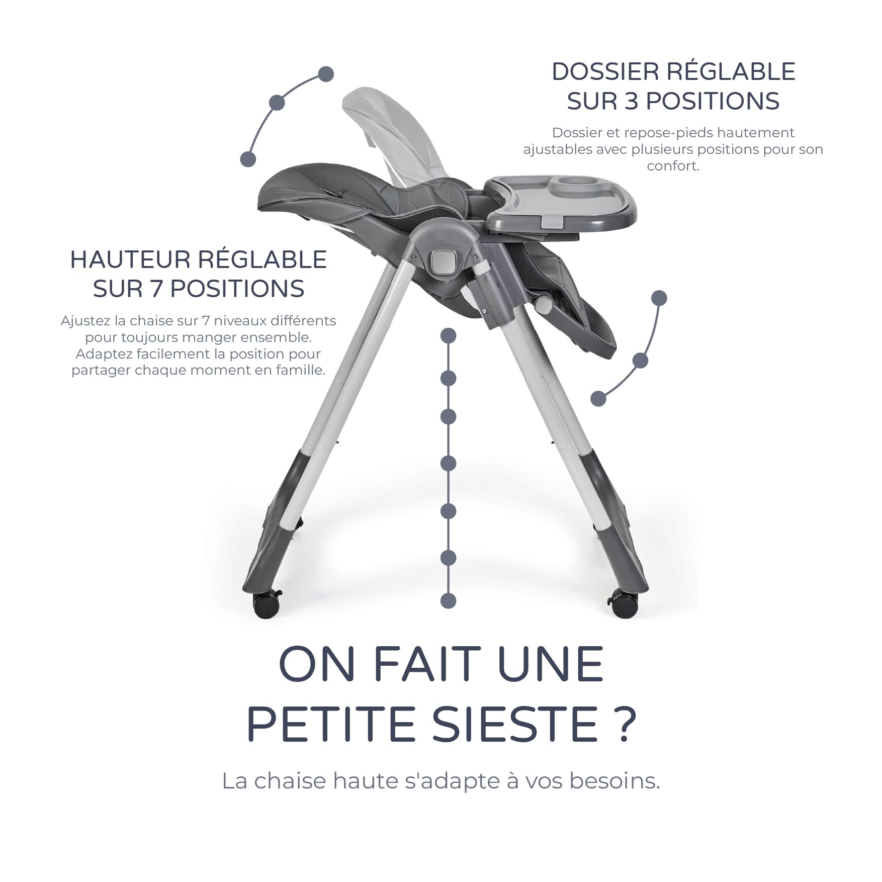 Ms BabyWorld - Chaise haute évolutive pour bébé Tasty | 7 positions de hauteur et 3 inclinaisons | Plateau amovible et repose-pieds réglable | Portable, pliable, jusqu’à 3 ans