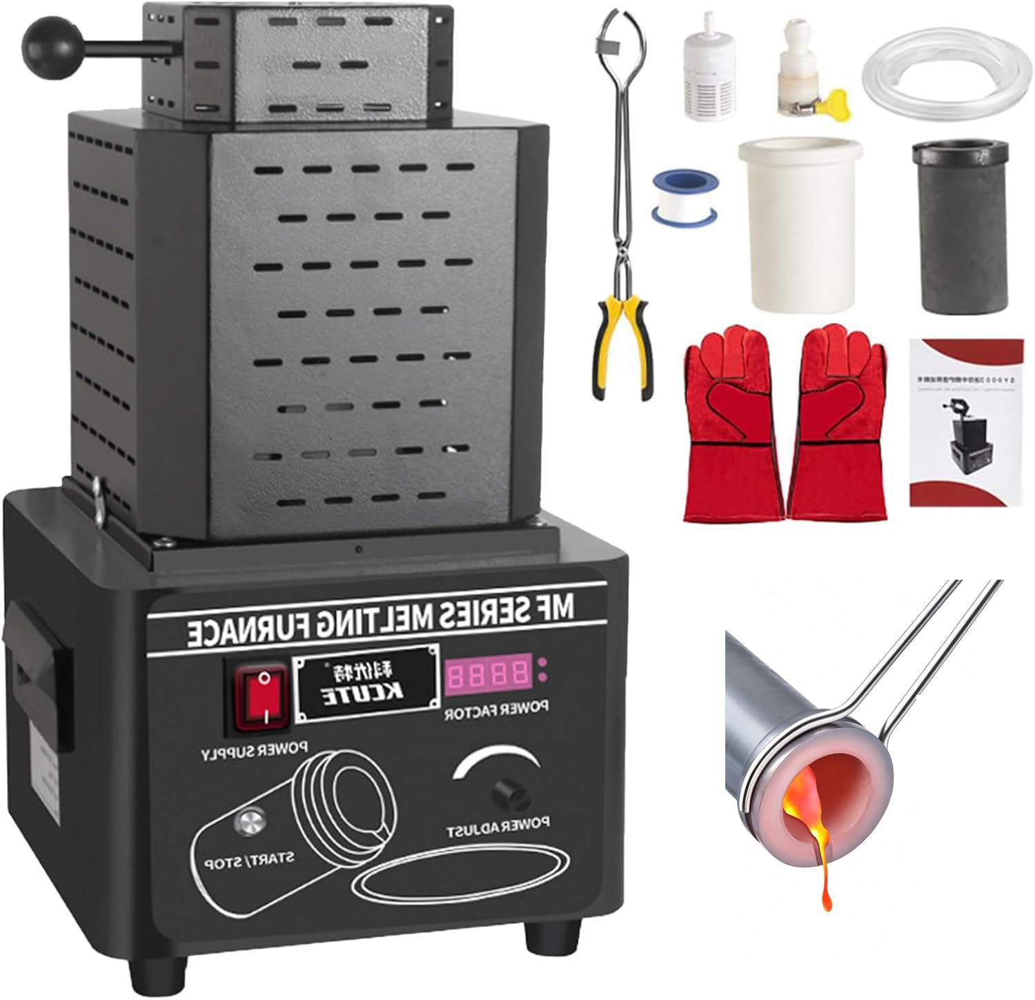 QYLTTDM Electric Gold Melting Furnace, 1600℃ /2912℉ Digital Melting Furnace Machine, 5000w Smelting Furnace, Metal Casting Kit With Graphite Crucible, Smelting Time 3-5 Black 1kg