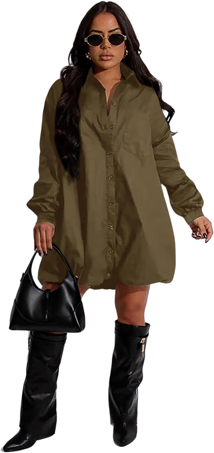 Women's Button-Down Shirt Dress Loose A-Line Midi Shift Long Sleeve Puffy Dresses