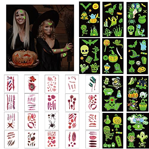 30 Feuilles Halloween Tatouage, Tatouages Temporaires Brillent Dans le Noir, Autocollants Lumineux, Tatouages Temporaires pour Halloween Enfants Thème Fête Mascarade Zombies Jeu Punk Party Makeup(B) Cover