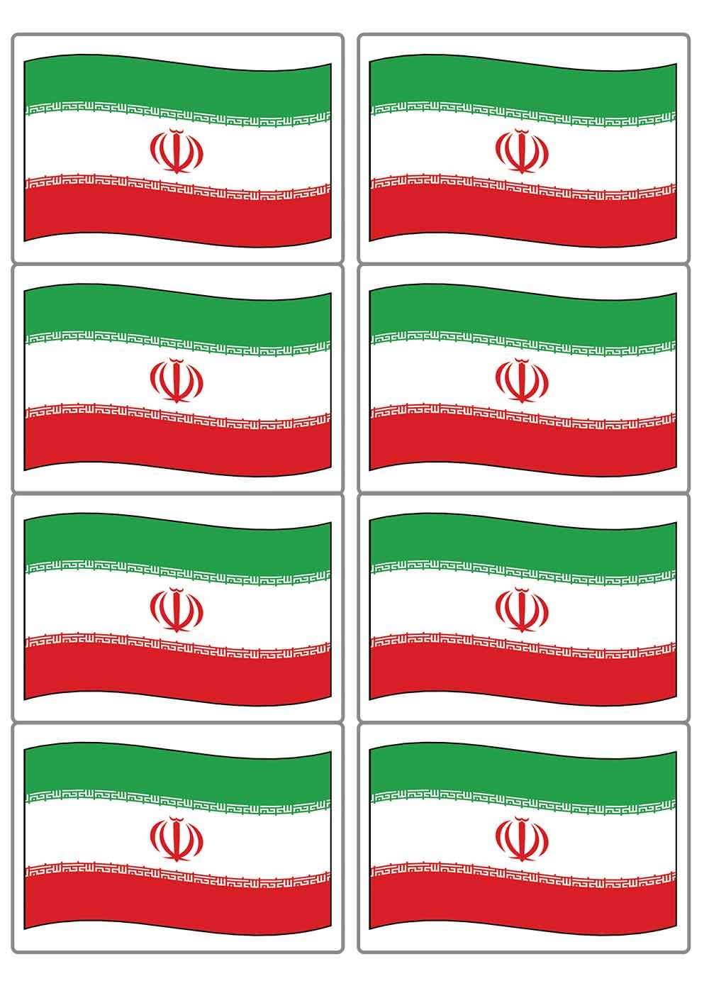 Iran National Flag Rectangular Matt Paper Stickers A4 Sheet of 8 (Each Sticker is 99mm x 68mm) (Flapping)
