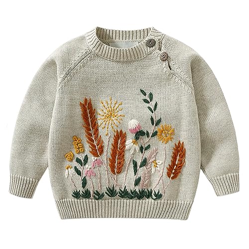 Lamgool Baby Toddler Girls Sweater Knitted Pullover Button Vintage Floral Embroidered Kids Sweatshirt for Fall Spring 4T Apricot