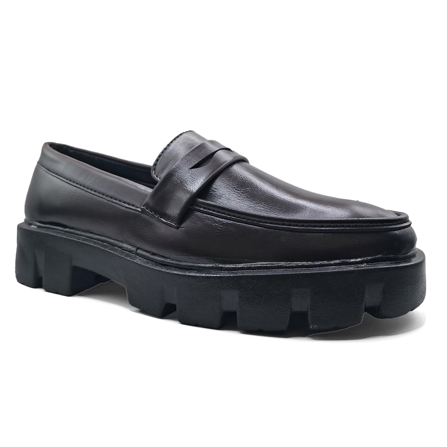 Platform Penny Loafers, Brown Faux Leather, 2 cm Heel, Chunky Lug Sole, Round Toe, Slip-On, Size 7-image-8