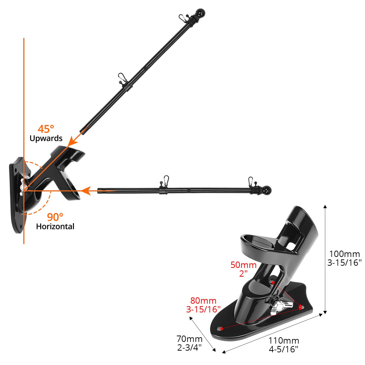 QWORK® Kit Portabandiera da Esterno - Bandiera in Metallo Opaco 180 cm con Staffa a Muro, Testa a Gomito e Anello di Rotazione - Sospensione 45°/90° - Lunghezza Regolabile