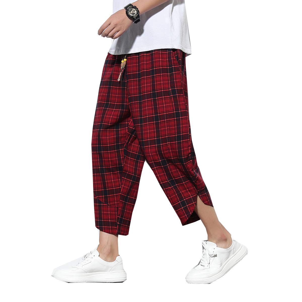 Seidarise Mens Linen Capri Linen Trousers Summer Harem Pants Wide Leg Baggy