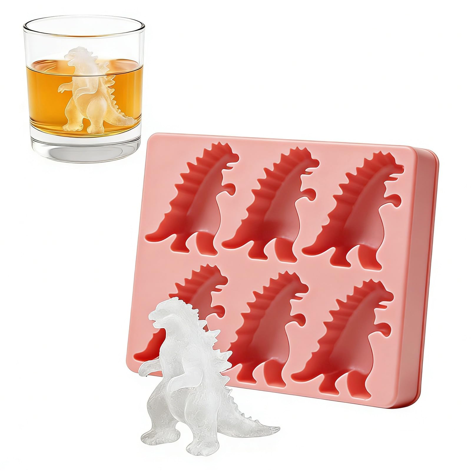Dinosaur Silicone Ice Cube Tray, Easy Release Monster Ice Mold, Reusable Silicone Moulds, for Chocolate, Candle, Decorations, Jelly (Pink)