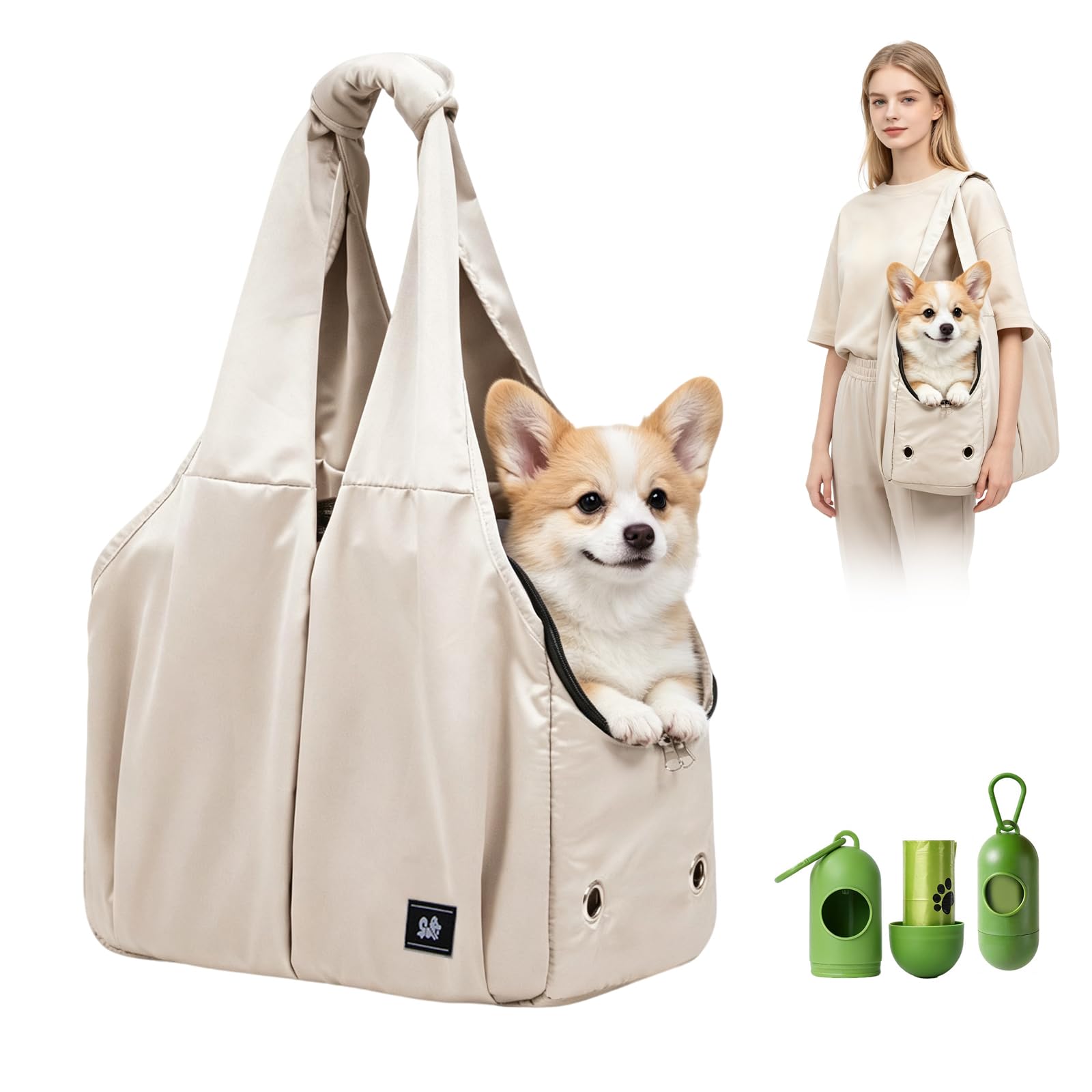 Soft-Sided Pet Tote Carrier with Free Waste Bags, Breathable Cat Dog Travel Bag for Small Pets up to 12lbs, Foldable Lightweight Shoulder Bag with Mesh Window, for Cats, Puppies & Small Dogs, Beige
