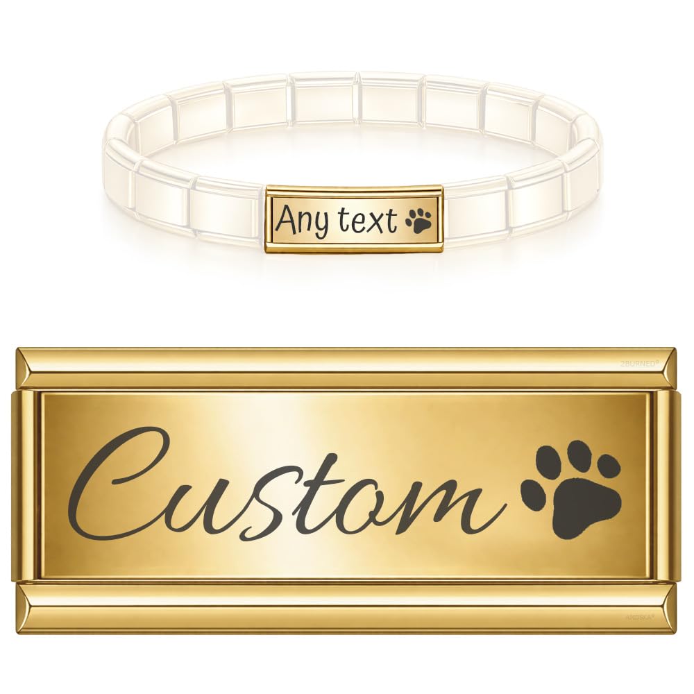 Personalised Engraved Long Double Link Charm for 9mm Italian Modular Stretch Bracelet Custom Text Name Date Paw Heart Silver and Gold (Gold Custom Text Paw)