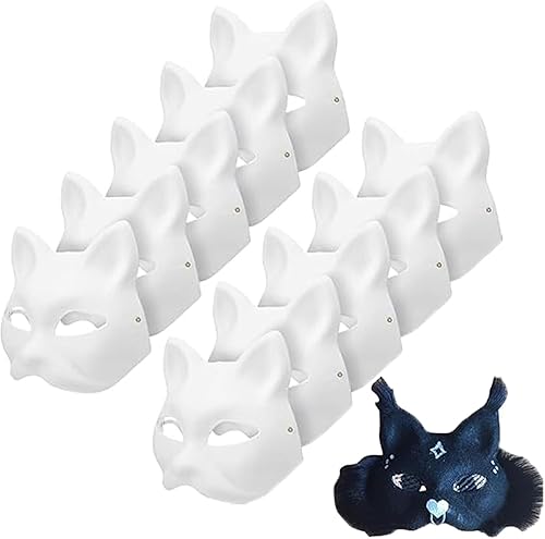 Apettoey 10 máscaras de gato Therian, máscaras de gato blanco para pintar animales en blanco, máscaras blancas de bricolaje, máscaras blancas para