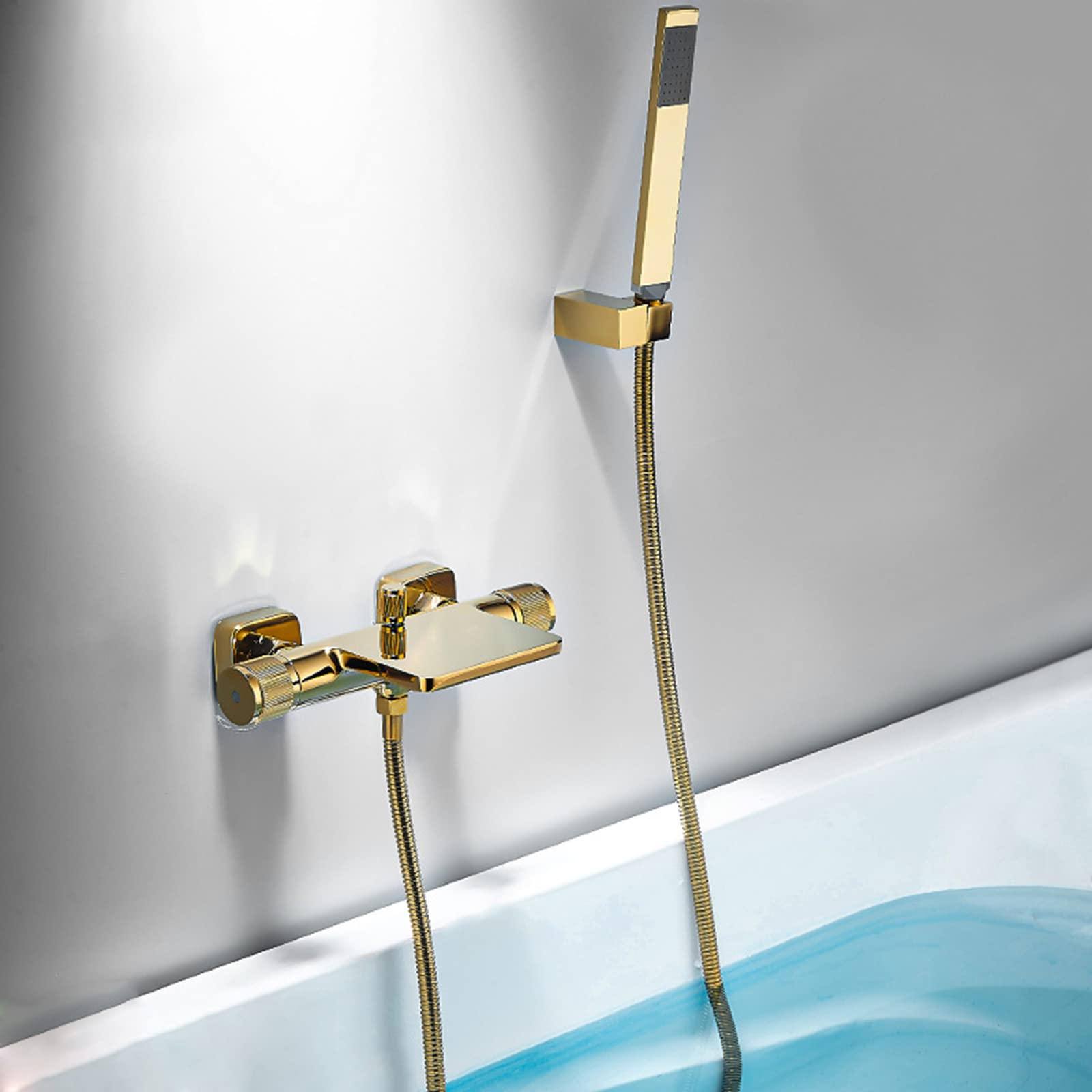 SnamicE Waterfall Tub Taps Wall Mounted Bath Taps with Shower Dual Lever Hot and Cold Tub Taps Multifunction Bathroom Bath Shower Filler Mixer Tap,d,Gold