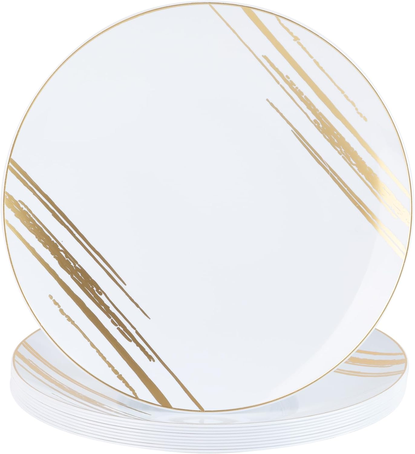 Dining Collection Party Plastic Plates – White with Gold Splatter Design - 256 Count- Round Elegant Premium Combo Pack (7.5”, 10.25”) 128 of Each Size