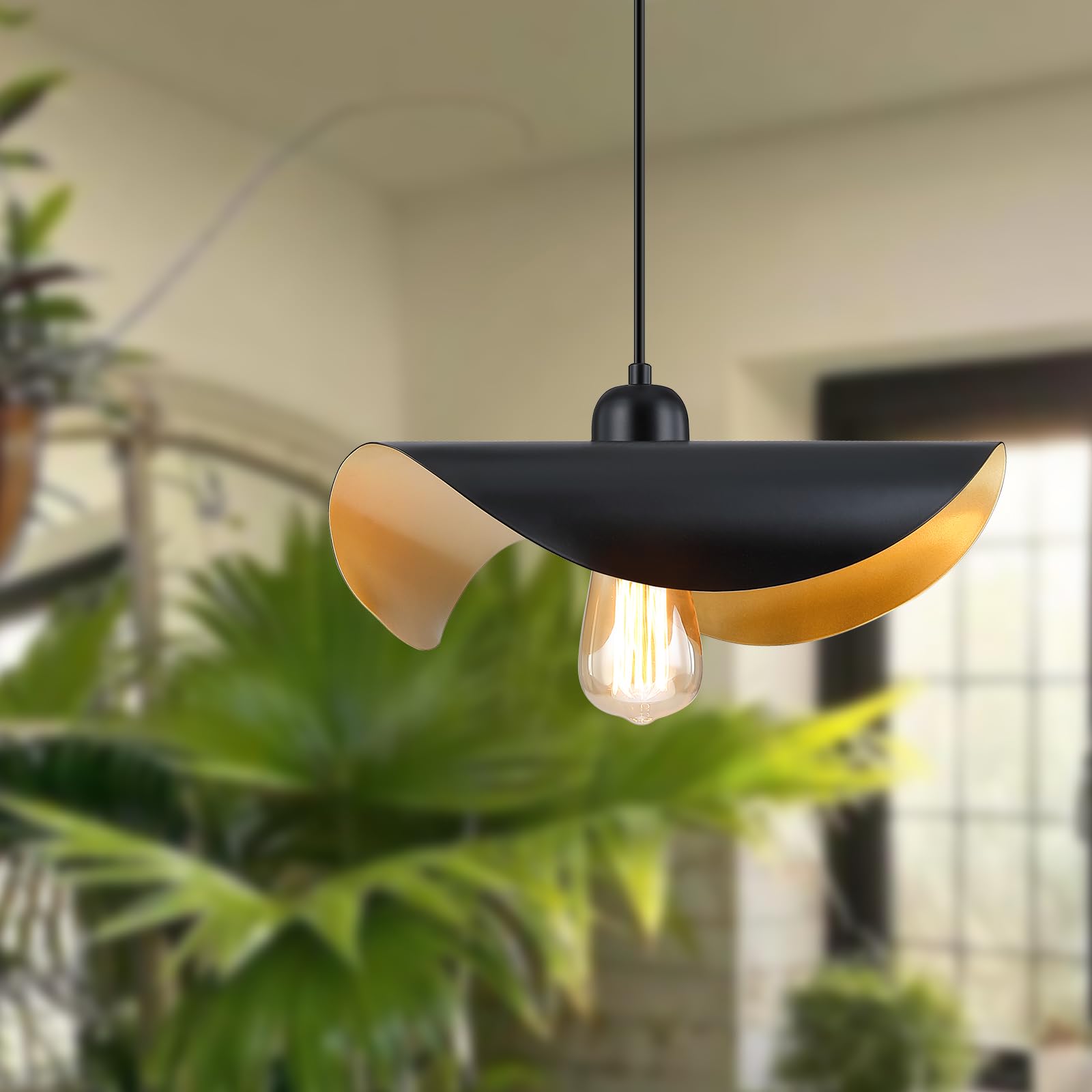 Black Gold Pendant Light, Modern Kitchen Lighting, Hanging Dining Room Light Fixture with Wave Metal Shade, Farmhouse Pendant Light for Island, Bar, Hallway