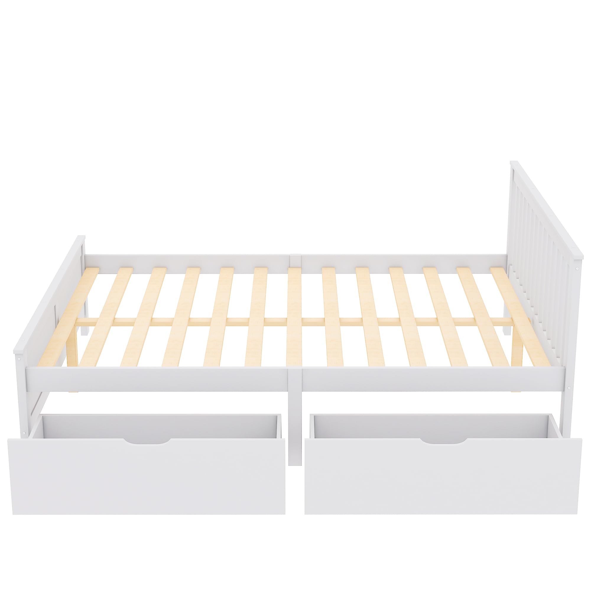 Kinderbett Doppelbett 140x200 cm, Holzbett mit 2 Schubladen, Massivholz Bettgestell mit Lattenrost, Jugendbett, Weiß, Ohne Matratze