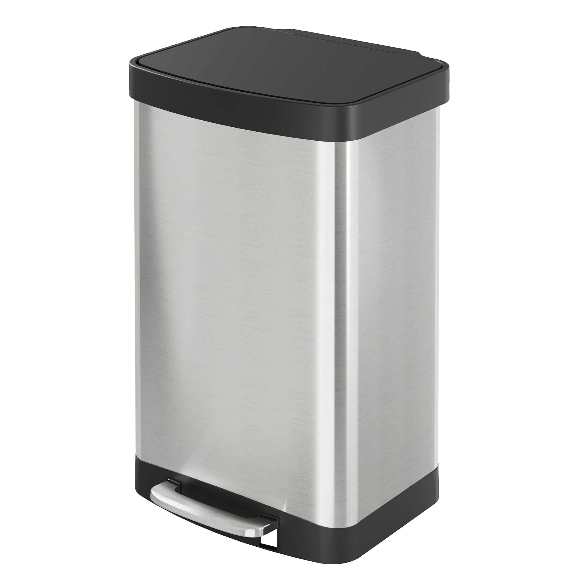 WLIVE Kitchen Bin, 55 Liter Stainless Steel Pedal Bin with Soft-Close Lid, Trash Bin with Hands-Free Step and Integrated Bag Ring for Kitchen, Living Room, Bedroom, Office (Silver, 55L)
