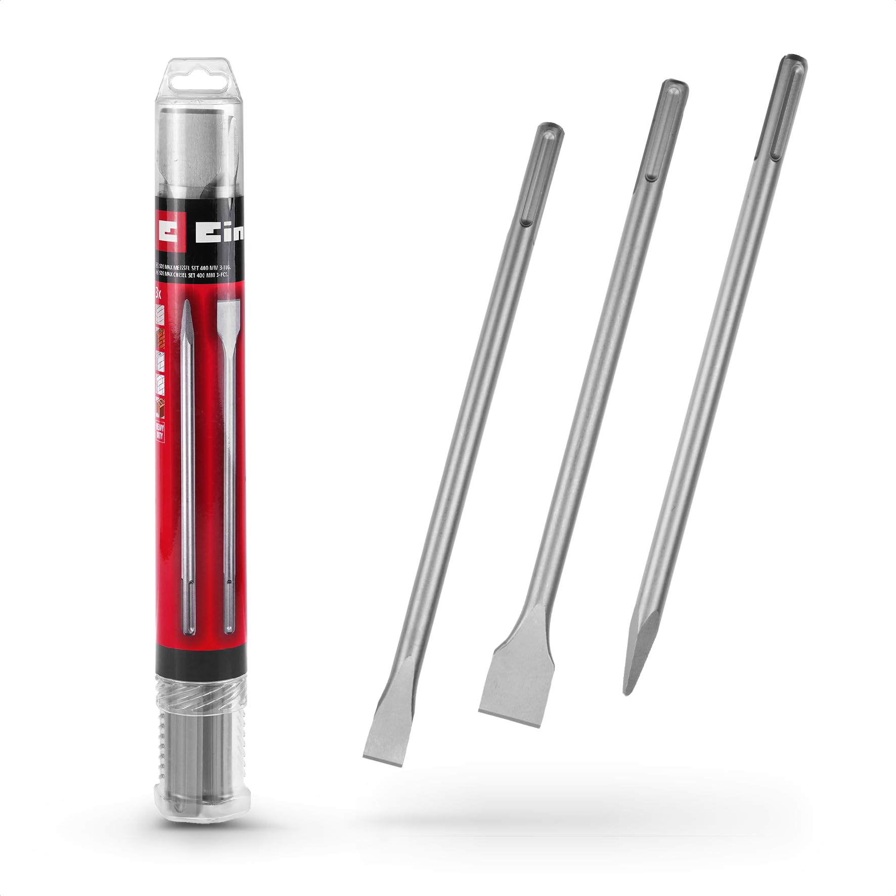 Original Einhell 3-Piece SDS Max Chisel Set, 400 mm (with Pointed Chisel, 25 mm Wide Flat Chisel and 40 mm Wide Spade Chisel Made of Durable 40Cr Steel for Demolition and Renovation Work)