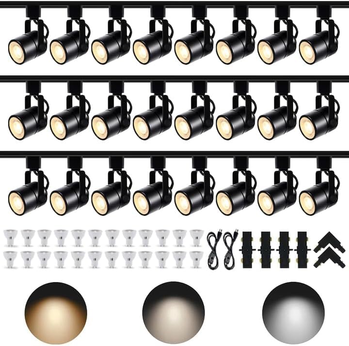 Image of 24PCS GU10 Black Track Lighting Kit with Replaceable GU10 3CCT Bulbs, Dimmable Plug in Ceiling Spotlights with 26.2FT Track Rails, Accent Lighting for Home, Store, Moblie Cart and Office