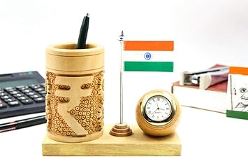 Shri Handicrafts Pen Stand with National Flag and Analog Watch Brown for Office Desk Decorative (Rupee Design)