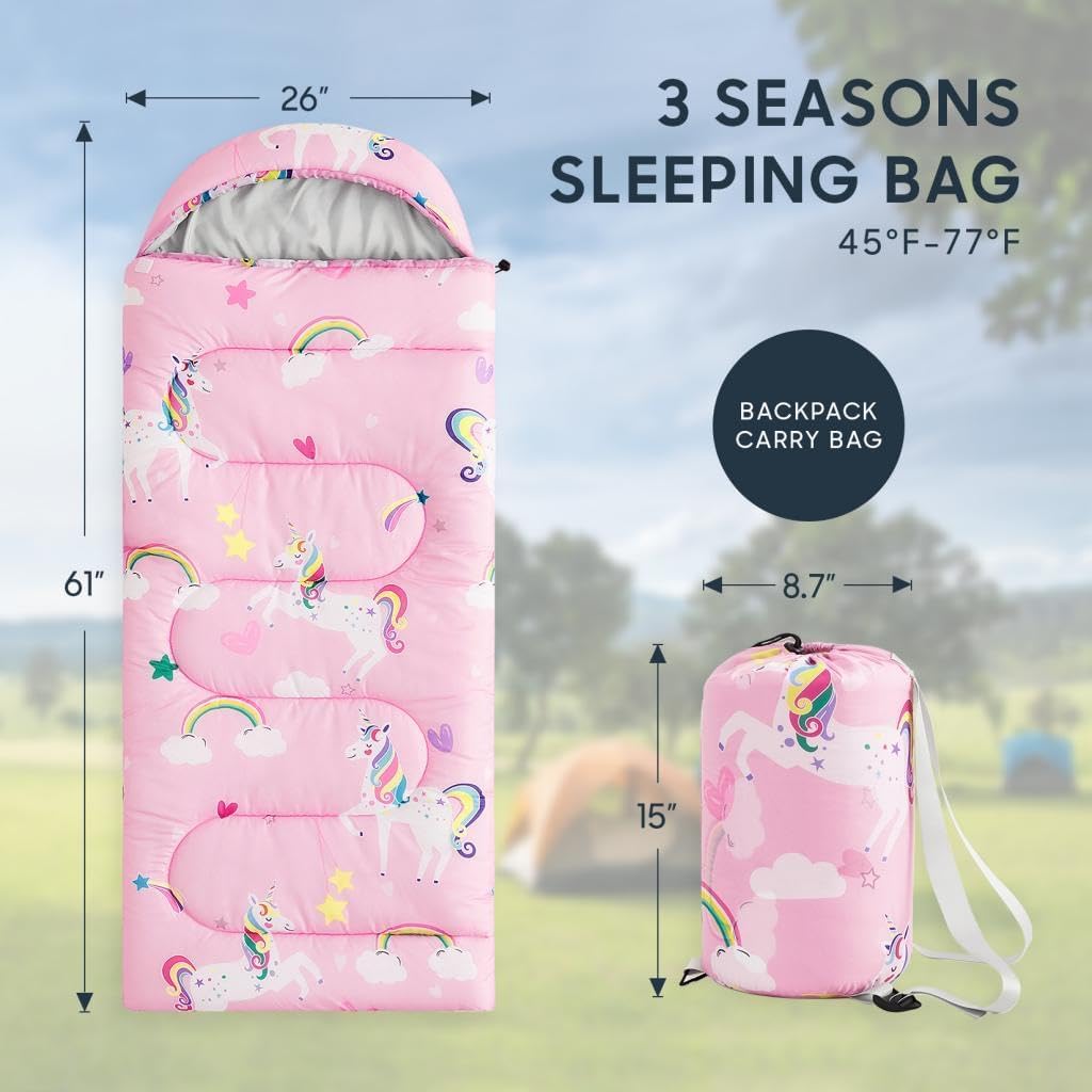Wake In Cloud - Kids Sleeping Bag for Girls Toddlers, Camping in Warm Cold Weather, Backpacking Lightweight Compact Outdoor Liner for 3 Seasons, Unicorns Rainbow Clouds - Image 2