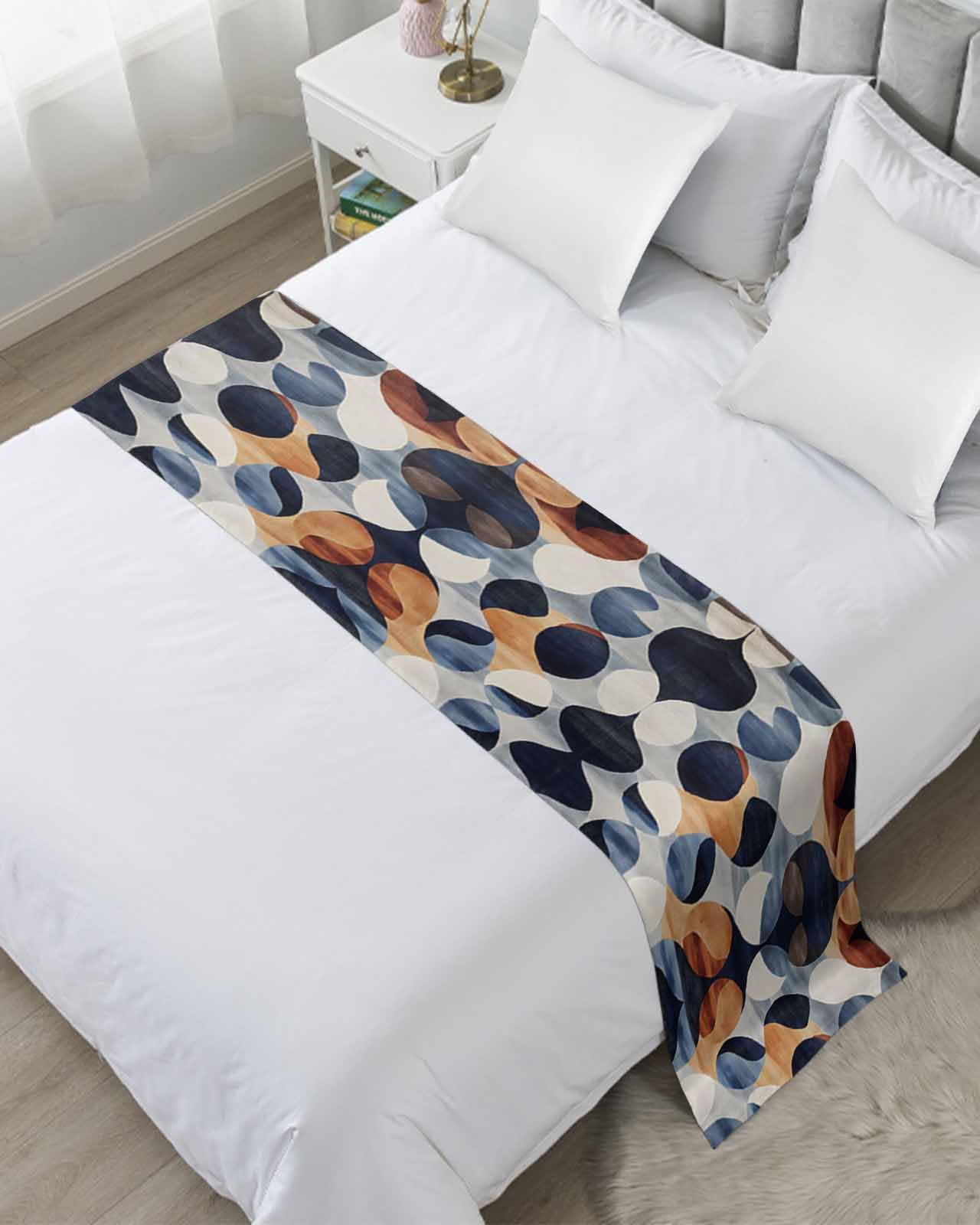 Navy Blue Burnt Orange Bed Runner for Full/Queen Size, Retro Abstract Geometric Bedspread Protector Slipcover Bed Scarf for Foot Runners & Scarves for Bedroom Hotel Wedding Room 83x20 Inches