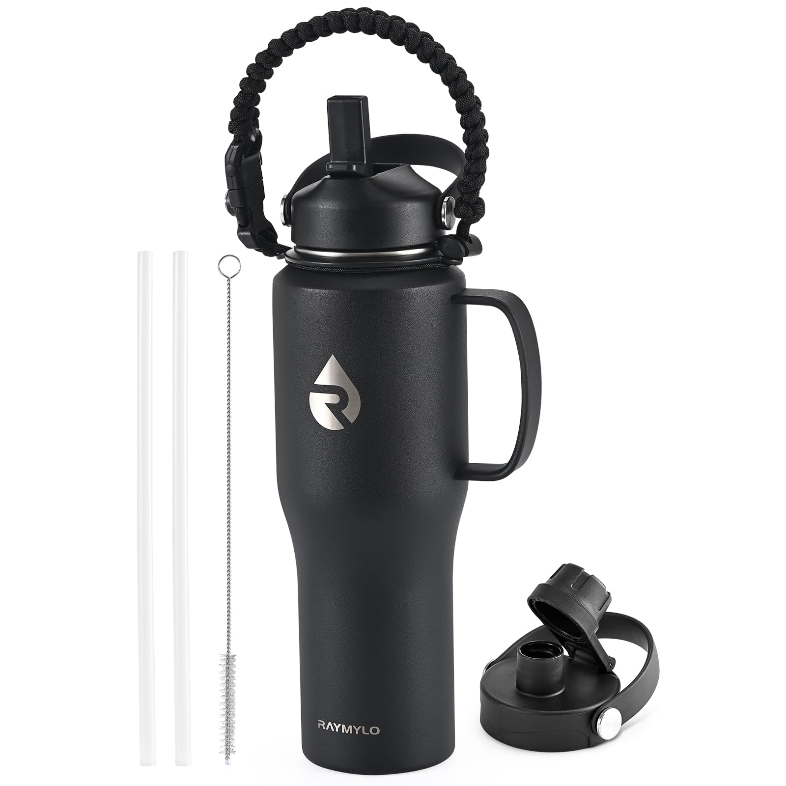 946ml Stainless Steel Tumbler (Cold for 48 Hrs, Hot for 24 Hrs), Triple Wall Vacuum Insulated Water Bottle with Straw Lid, Spout Lid and Paracord Handle, Leakproof, Travel Mug Fit in Any Car Cup