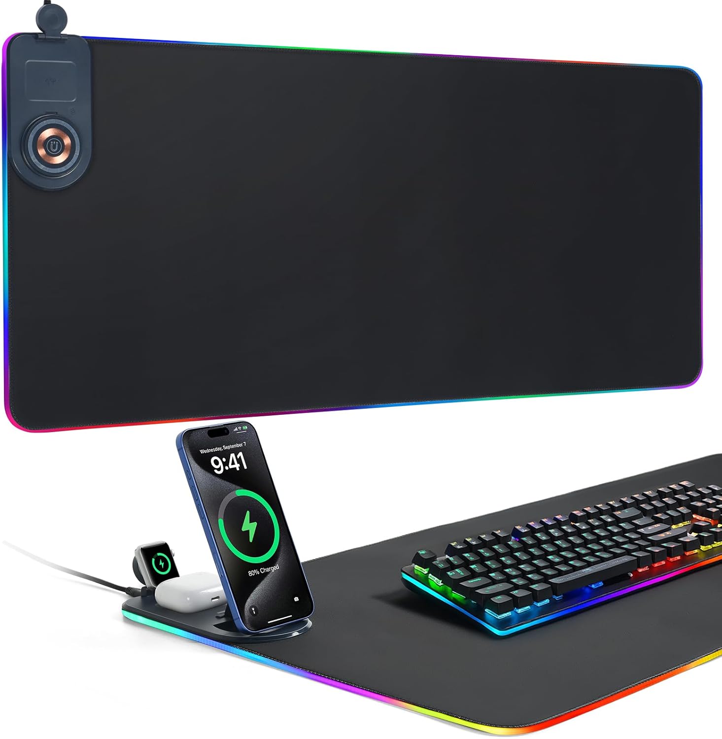 ELUTENG Mouse Pad with Phone Holder 4in1 Wireless Charging Desk Mat RGB Ultra-Smooth Gaming Mousepad Waterproof Home Office Large Desk Pad 31.5"x11.81" Large Desk Pad Non-Slip Base Keyboard Pad
