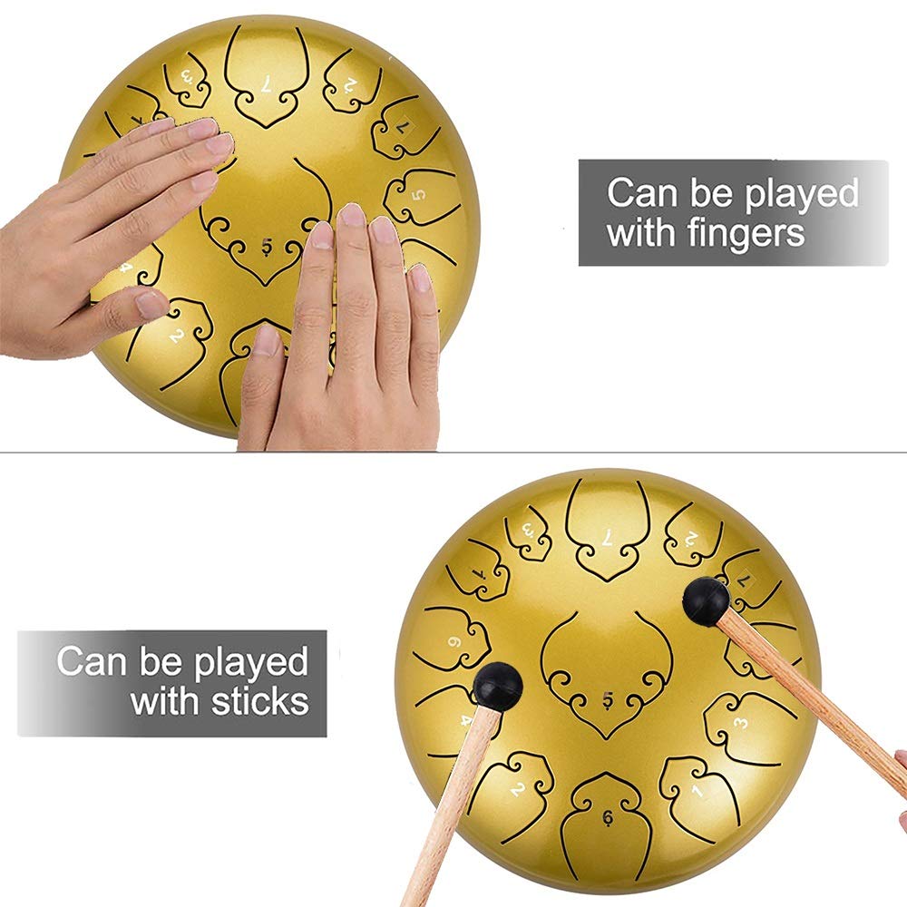 12-calowy 13 Notatki Drum Stalowy, C Kluczowy Instrument Perkusyjny Z Kijami, Zestawami Palcem, Torbą Do Przenoszenia I Samouczek Angielski, Do Medytacji, Terapii Muzycznej (Color : Gold)