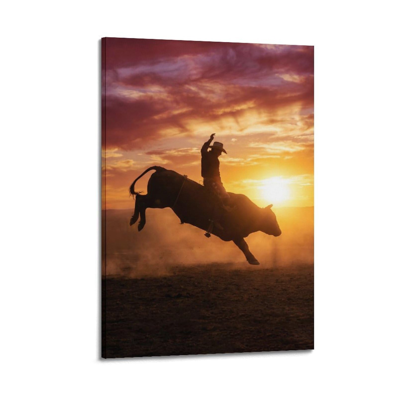 XKUGA Rodeo Action Poster Bull Riding Sunset Western Silhouette Modern Decorative Canvas Prints - Ideal Wall Art for Family, Man Cave, Game Room, Boys & Girls Bedroom 20x30inch(50x75cm)