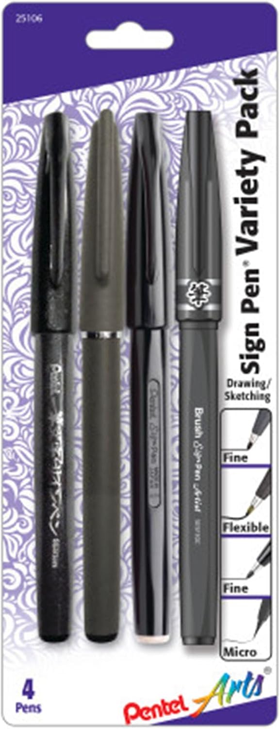 Pentel Arts Sign Pen Variety Pack - 4-Pack (S520-A, ST150-A, SES15-NA, SESF30-A)