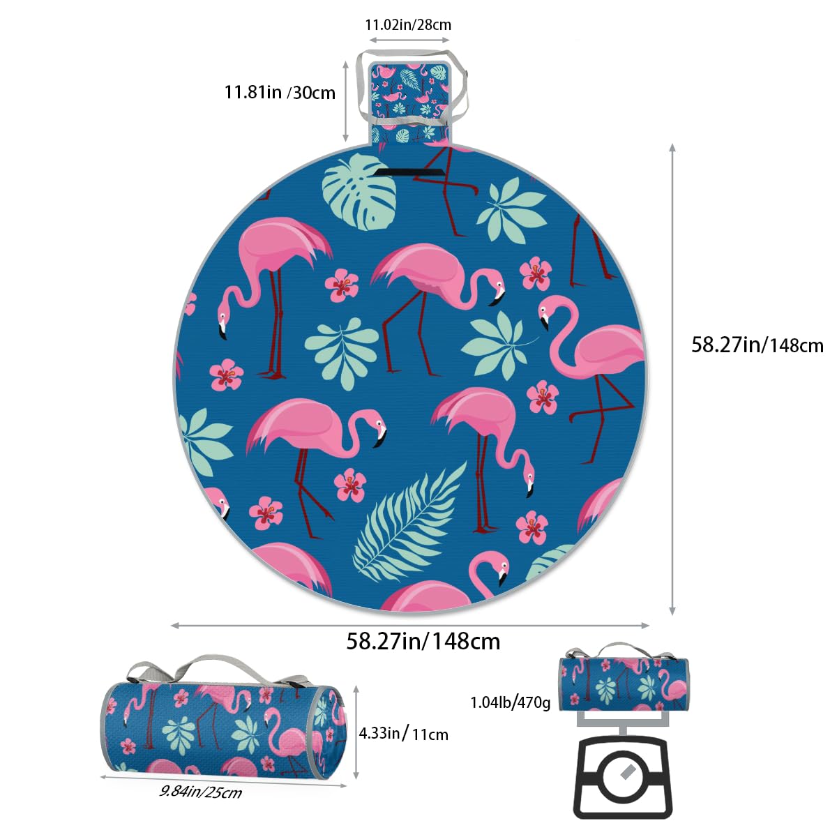 Shimoshe Tropical Flamingo Picnic Outdoor Blanket Foldable Waterproof Sandproof Beach Blanket Portable Water-Resistant Round Picnic Mat for Travel Camping Park Lawn