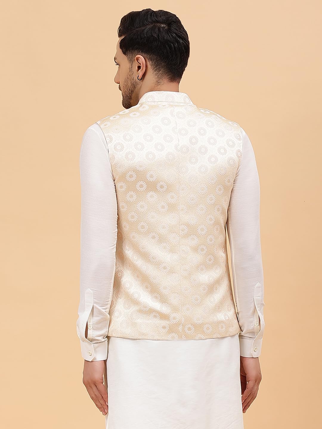 See Designs Men Off White Kurta Pajama & Gold Woven Design Jacquard Nehru Jacket_Sdnj23301M