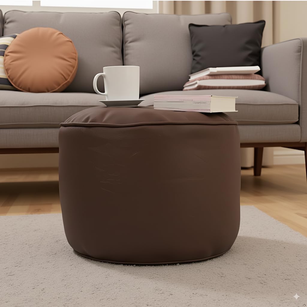 GIGLICK The Lotus Store Faux Leather Bean Bag with Beans Filled Ready to Use Round Footstool, Footrest, Pouffe, Brown Large 24cm x 44cm for Livingroom and Bedroom
