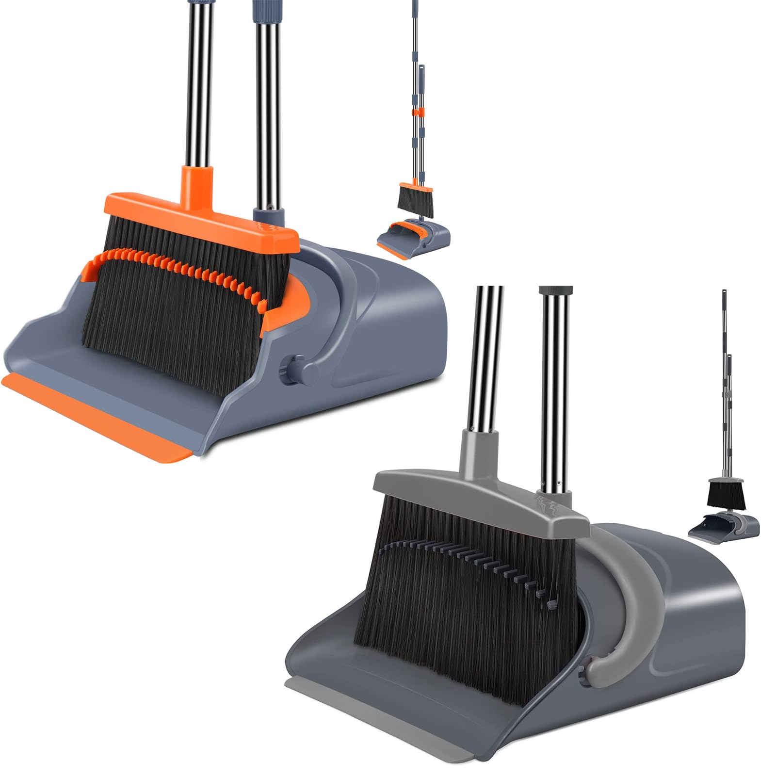 2 Set Broom and Dustpan Set, Broom Dust pan, Broom and Dustpan Set for Home, Dustpan Comb（Orange&Gray）