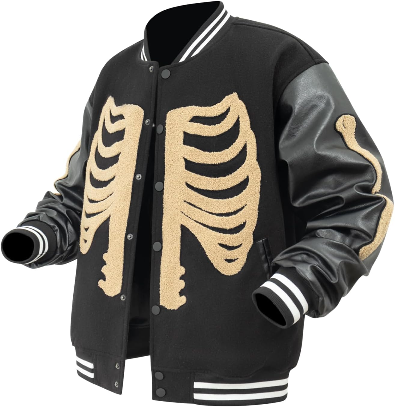 Men's Varsity Baseball Jacket with Skeleton Pattern Leather Sleeves Rock Gothic style for Daily Wear or Club