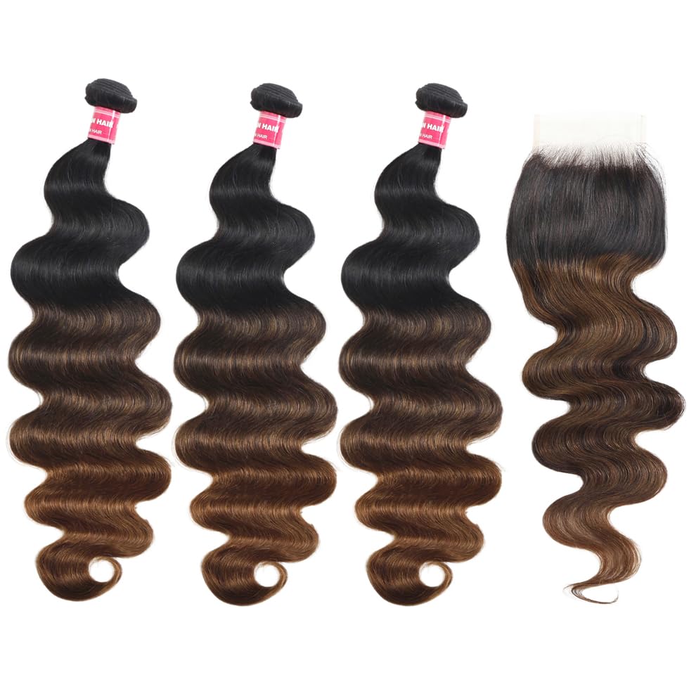 Image of UNICE 12A Body Wave Human Hair Bundles with 4x4 Lace Closure 18 20 22+18 inch 100% Brazilian Virgin Hair Weave Extensions Tangling-Free Shedding-Free Ombre Chestnut Brown Color