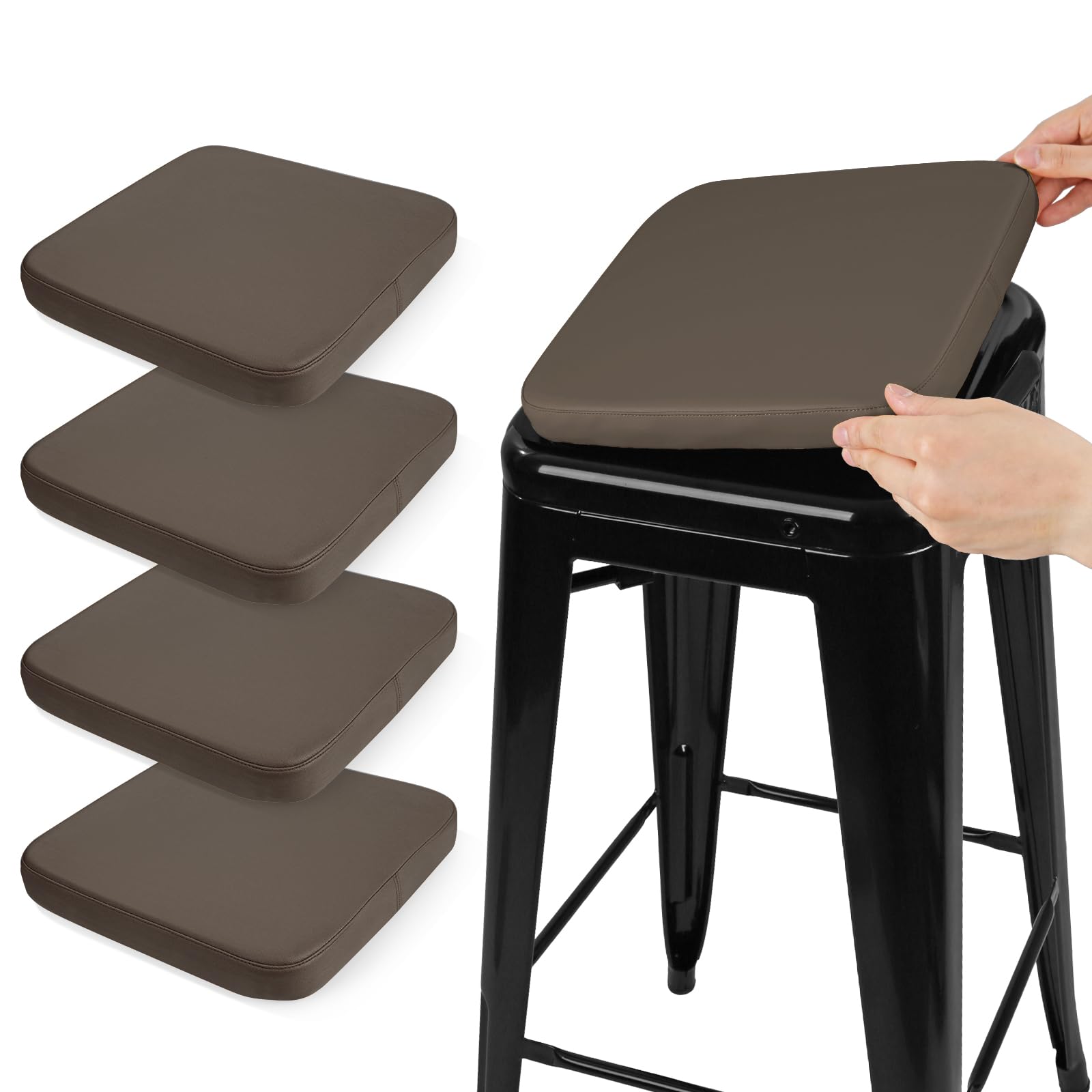 SINOSSO Modern Faux Leather Bar Stool Cushions 4 Pack, Leathaire Magnetic Small Chair Pads for Cafe Bistro Stackable Metal Stools (Square, Brown, 4)