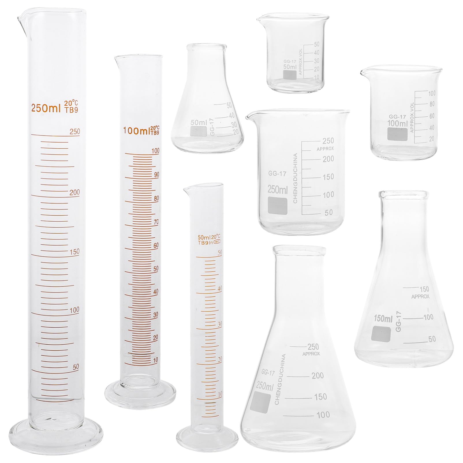 Set di Cilindri Graduati in Vetro 9 Pezzi 50-250 Ml | Scala Leggibile, senza Perdite Laterali, per Progetti Sperimentali e Chimica