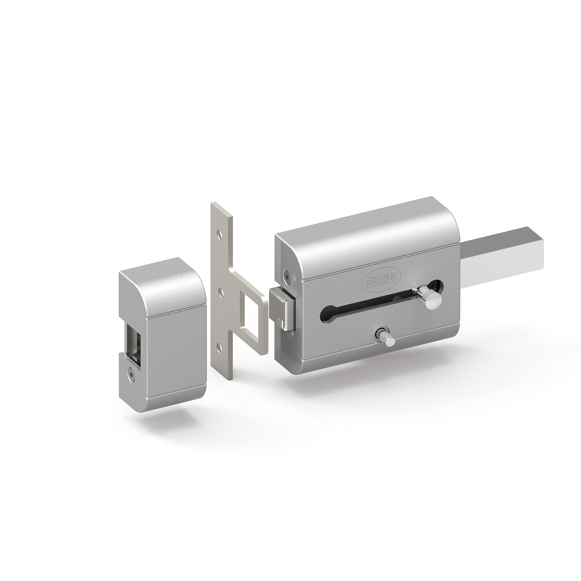 Amig - Serratura da sovrapposizione ad alta sicurezza per porte in legno | Mod. 15 PLUS | 98 x 77 mm | con cilindro rotondo di sicurezza e chiavistello | acciaio argento