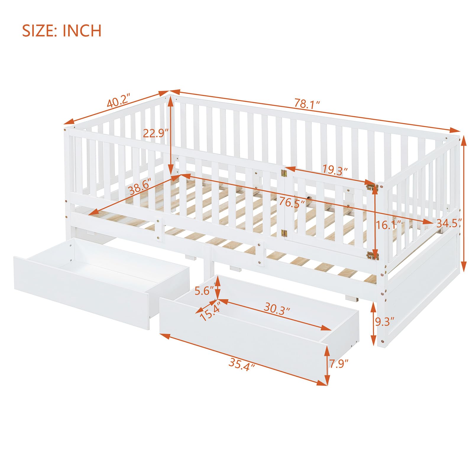 AVGVLIJ Full Size Floor Bed, Twin Size Wood Daybed with Fence Guardrails and 2 Drawers, Full Bed Frame for Girls Boys, Split into Independent Floor Bed & Daybed, No Box Spring Needed (White)