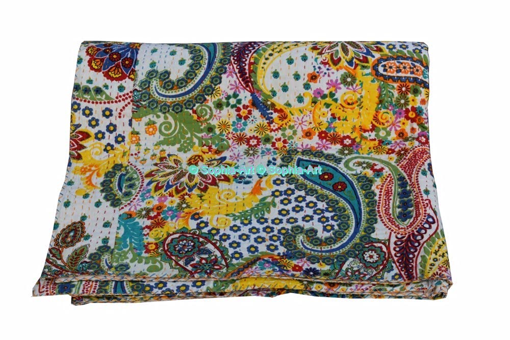 The Ethnic Crafts Red Paisley Stampa Kantha Lavoro Trapunta, Tradizionale Indiano Cotone copriletto, Coperta di Dimensione Doppia