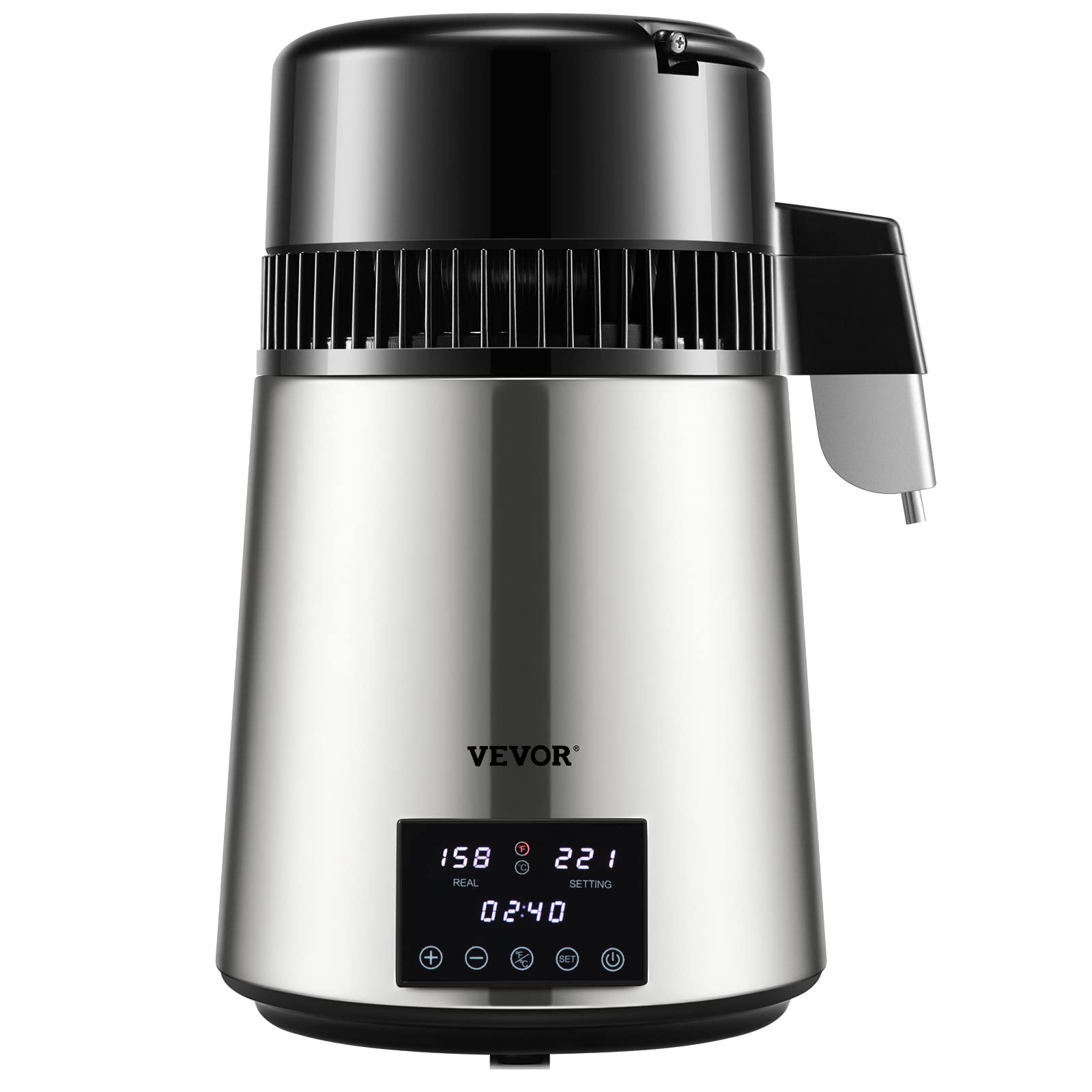 VEVOR 1.1Gal Wasserdestillierung, 0,4Gal/H, destilliertes Wasser herstellen Maschine 1750W 0-99H Timing Dual Temperaturdisplay, 304 Edelstahl-Arbeitsplatte Destillationsglas Karaffe Reinigungspulver 3