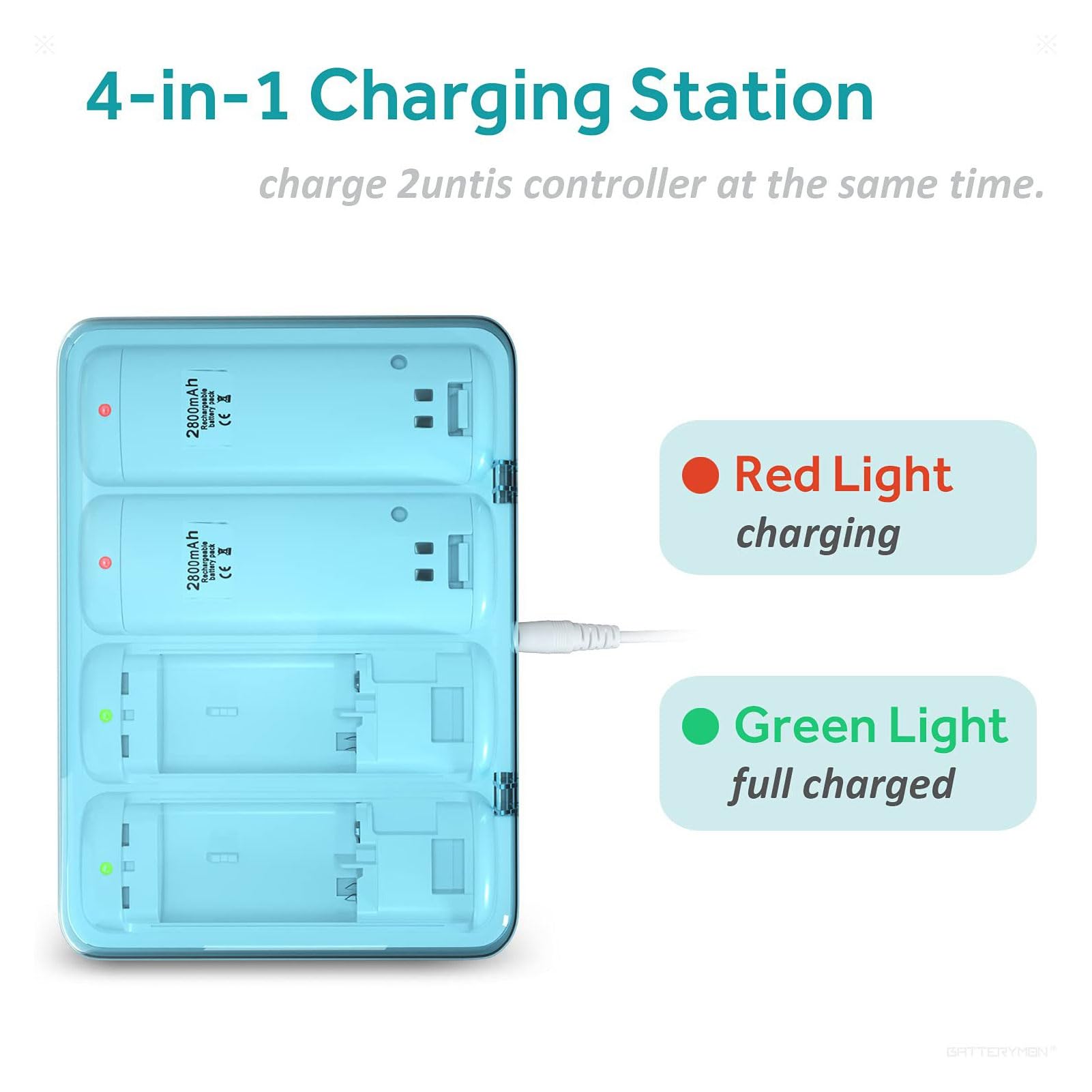 LICAEVEY Stazione di Ricarica Batteria Remota 4 in 1, Include 4 Batterie Ricaricabili NiMH da 2800 MAh e Cavo USB, con Indicatore LED per Telecomando (WHITE)