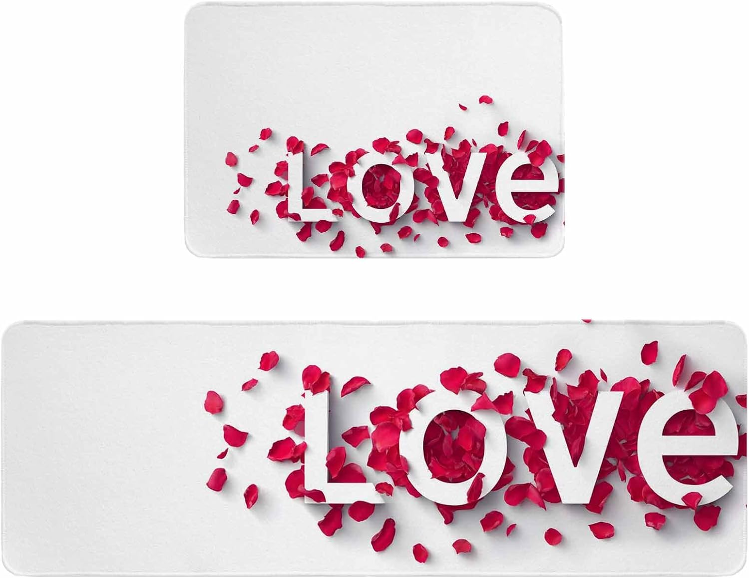 Valentines Day Kitchen Rugs and Mats Set of 2, Non-Slip Kitchen Sink Mat, Red Rose Petals Love Romantic Watercolor Washable Doormat Bathroom Rugs Runner for Bedroom/Living Room 15.7"x23.6"+15.7"x47.2"