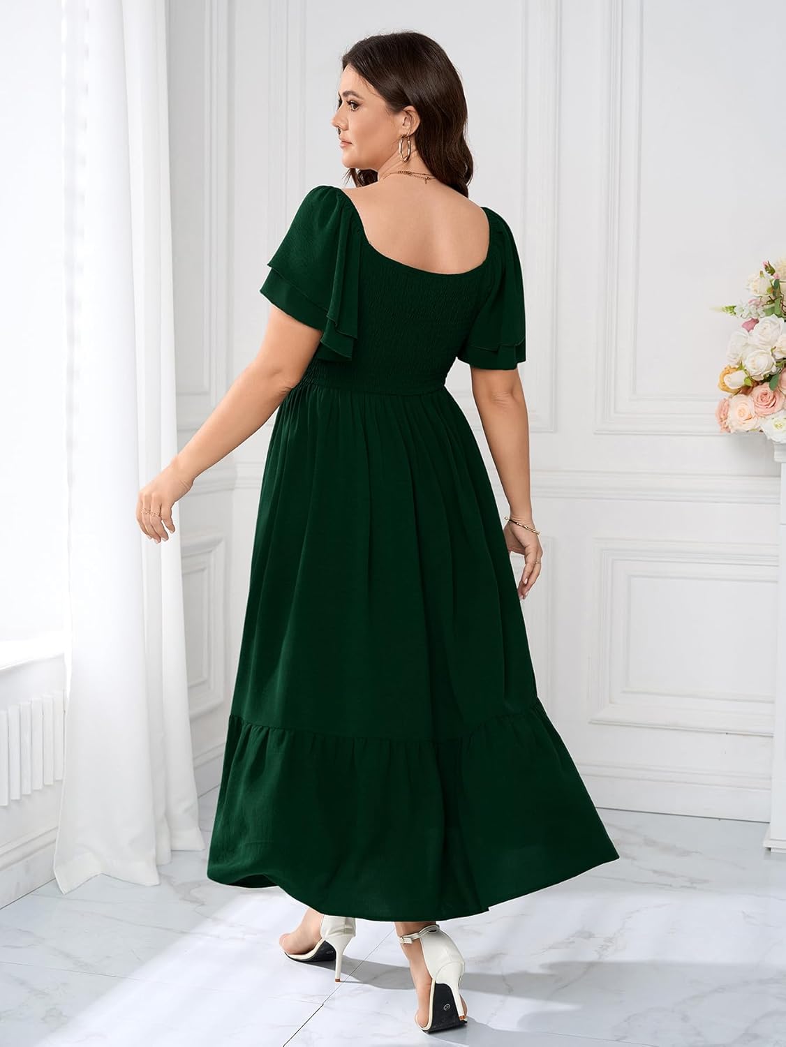 SCOMCHIC Women's Plus Size Maxi Dress Ruffle Sleeve Square Neck Smocked Flowy A-Line Wedding Guest Party Long Dresses - Image 6