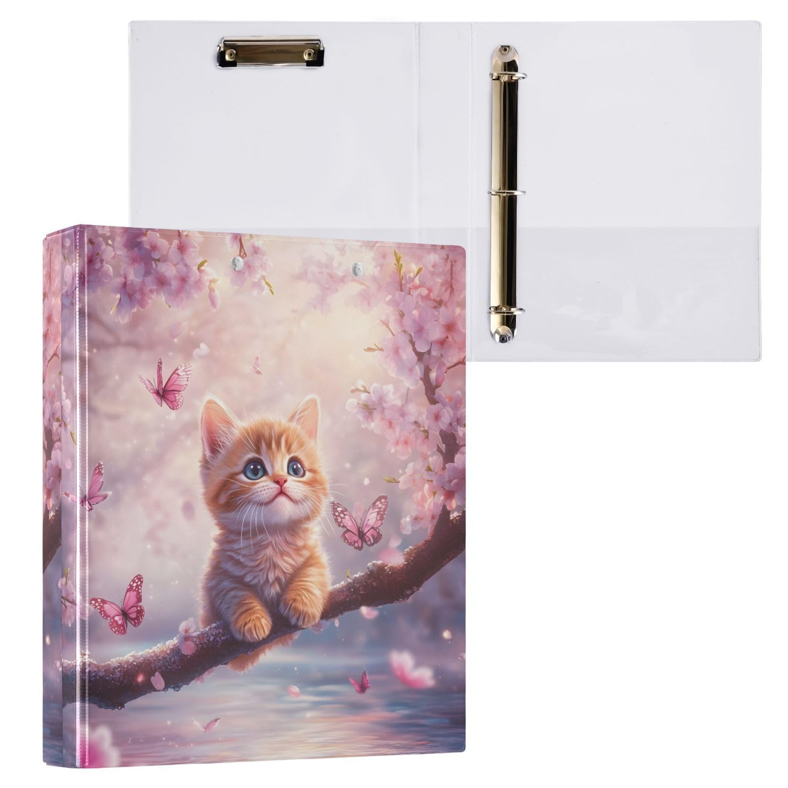 Carpeta impresa de tres anillas, carpeta de anillos en D con bolsillos, carpetas decorativas para la escuela, la universidad u oficina, lindo gato rosa