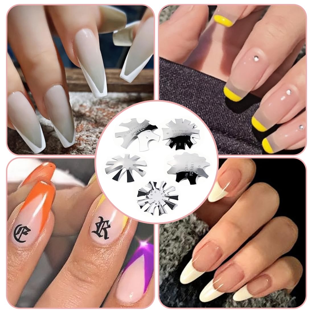 SGERUFZ 5 Piezas French Smile Line Edge Trimmer Cutter,Francesas Cortadores de Uñas Plantillas,Nail Art Edge Recortador Metal Plantilla Cutter Acrílico UV Gel Modelar(Plata)