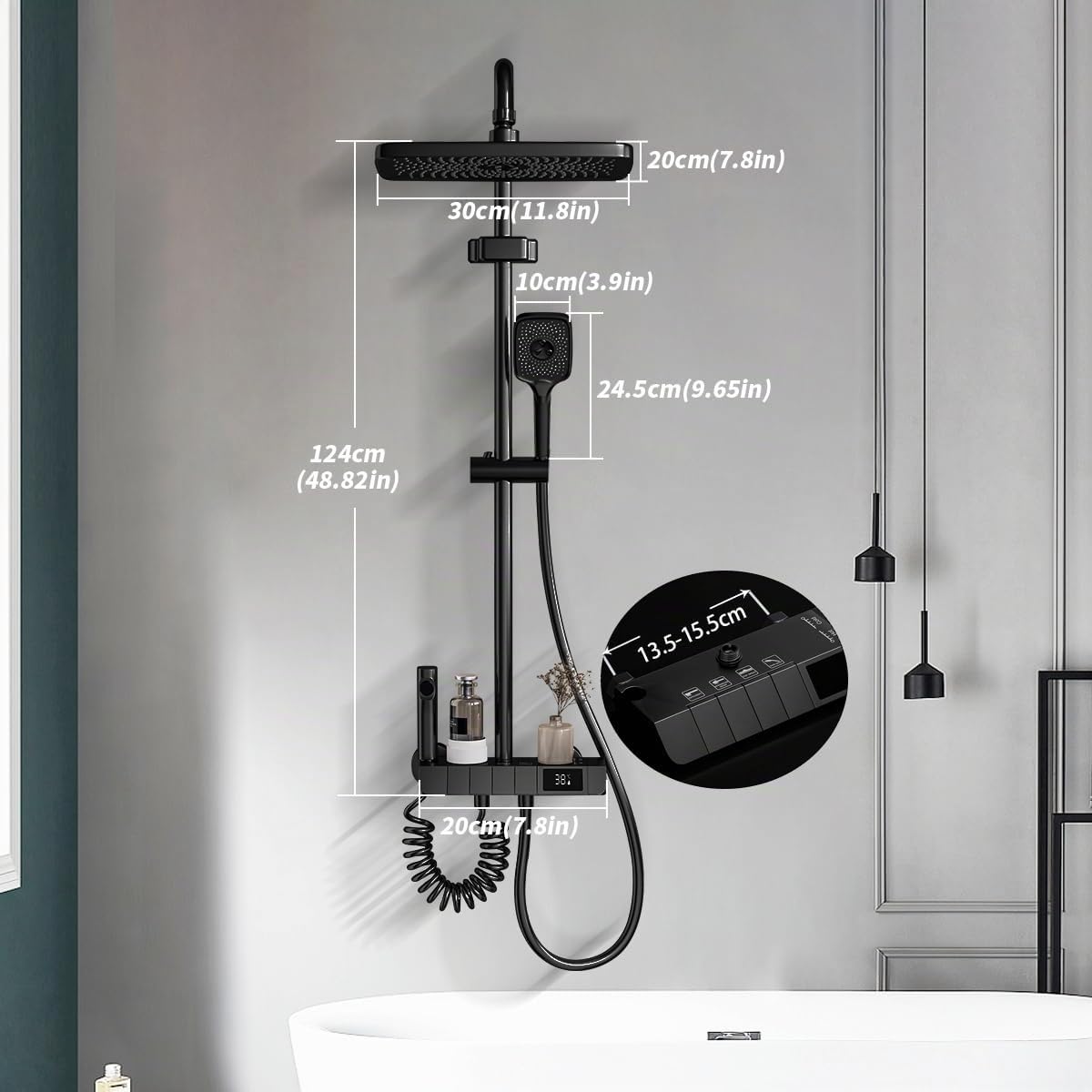 Columna de Ducha con Grifo, diseño de llave de piano, 30x20cm Cabezal de Ducha de Lluvia, Pantalla Digital LED, Altura Ajustable, Multifuncional para el Confort del Baño