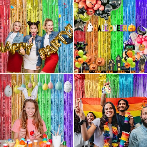 Image of 2 Pack Rainbow Backdrop Curtains, 3.3x6.6FT Colofull Party Decorations, Rainbow Tinsel Backdrop Fringe Curtains Party Streamer for Back to School Kindergarten Decor Wedding Birthday Party Engagement