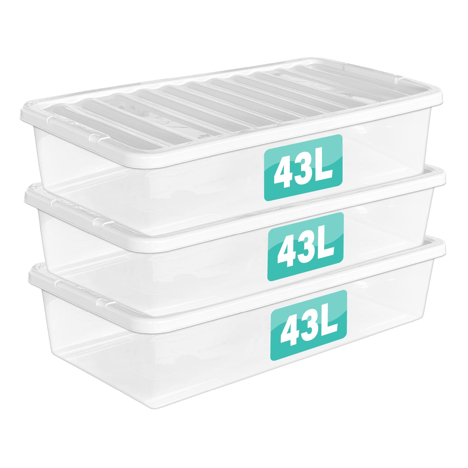 3 x 43 Litre Underbed Clear Plastic Storage Boxes With Lids Set of 3, Transparent Multipurpose Nestable Stackable Plastic Box With Lid Containers For Home, Kitchen, Garage, Office, Accessories